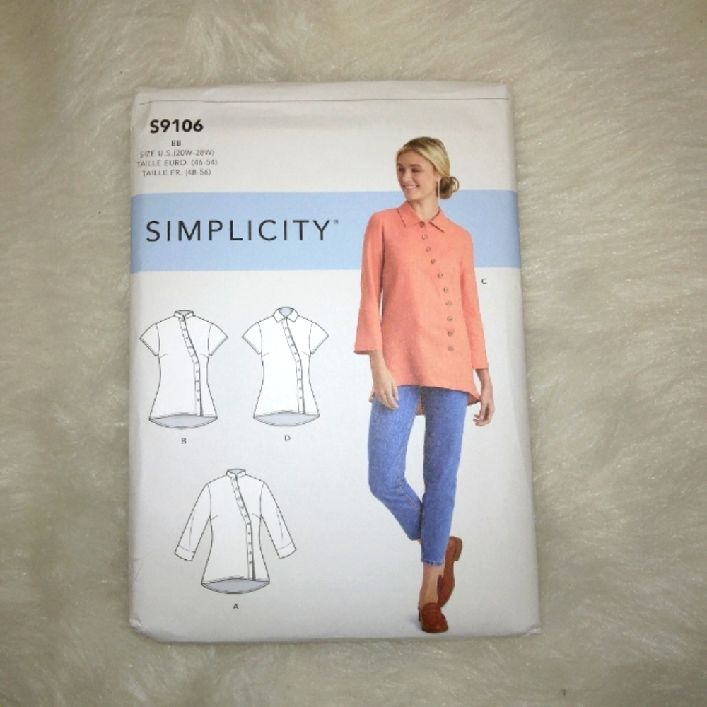 SIMPLICITY S9106 Sz 20W-28W Women's button front blouse sleeve collar variatuons
